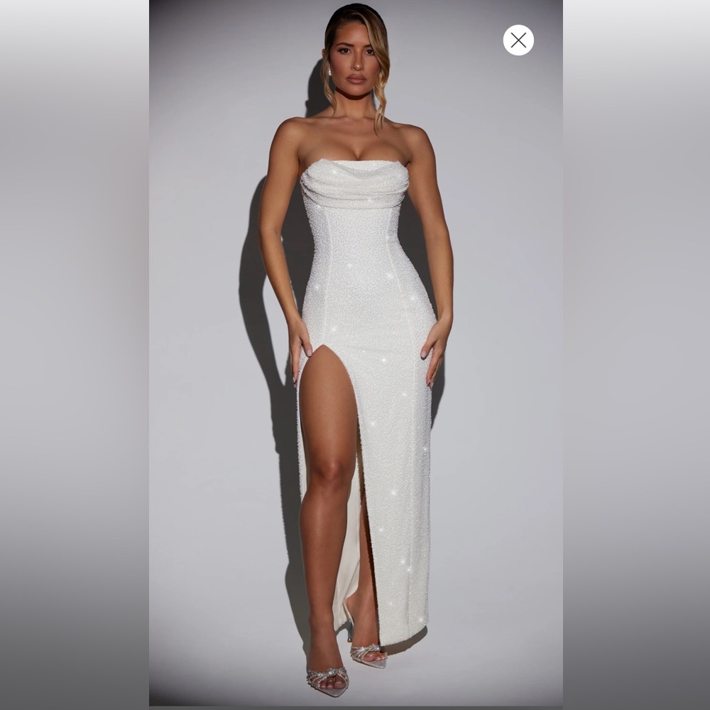 Oh Polly La Rochette Embellished Bandeau Cowl Neck Maxi Dress in Ivory